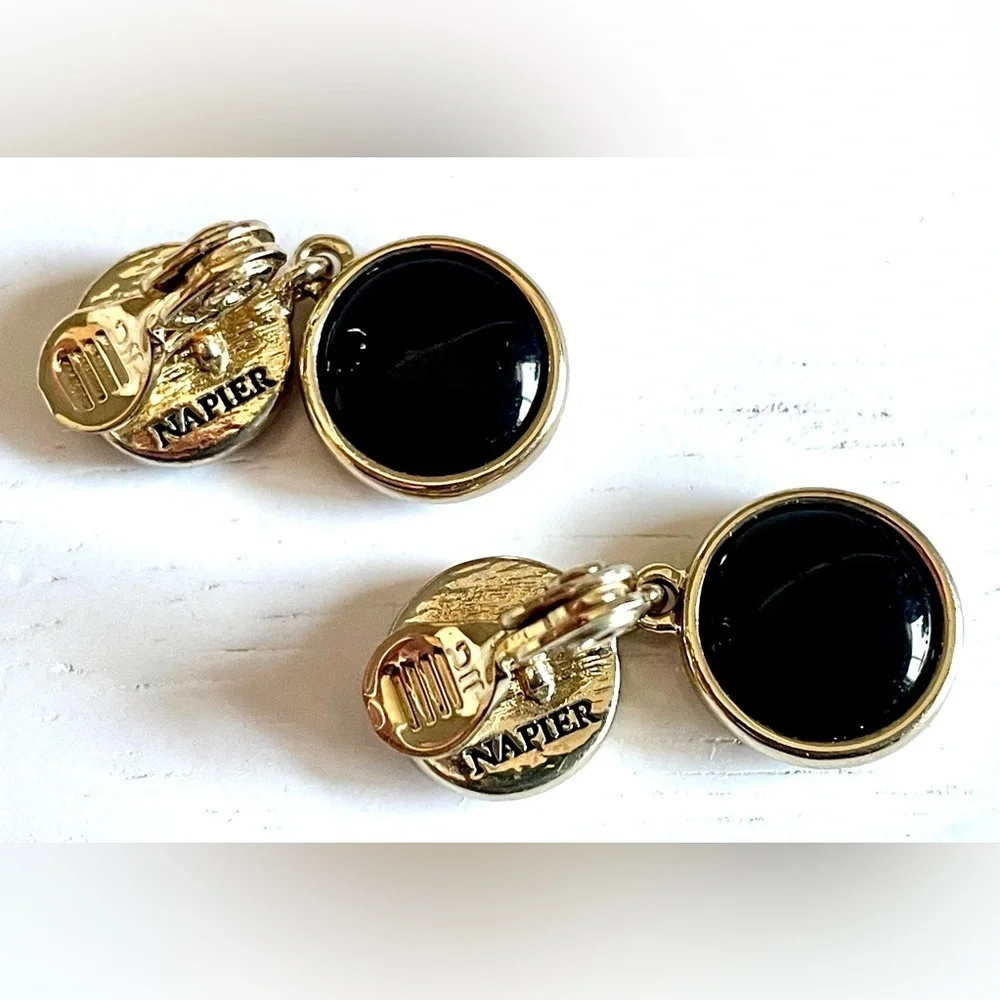 Napier Vintage Black Cabochon Gold Tone Drop Clip On Earrings Signed 1980s EUC